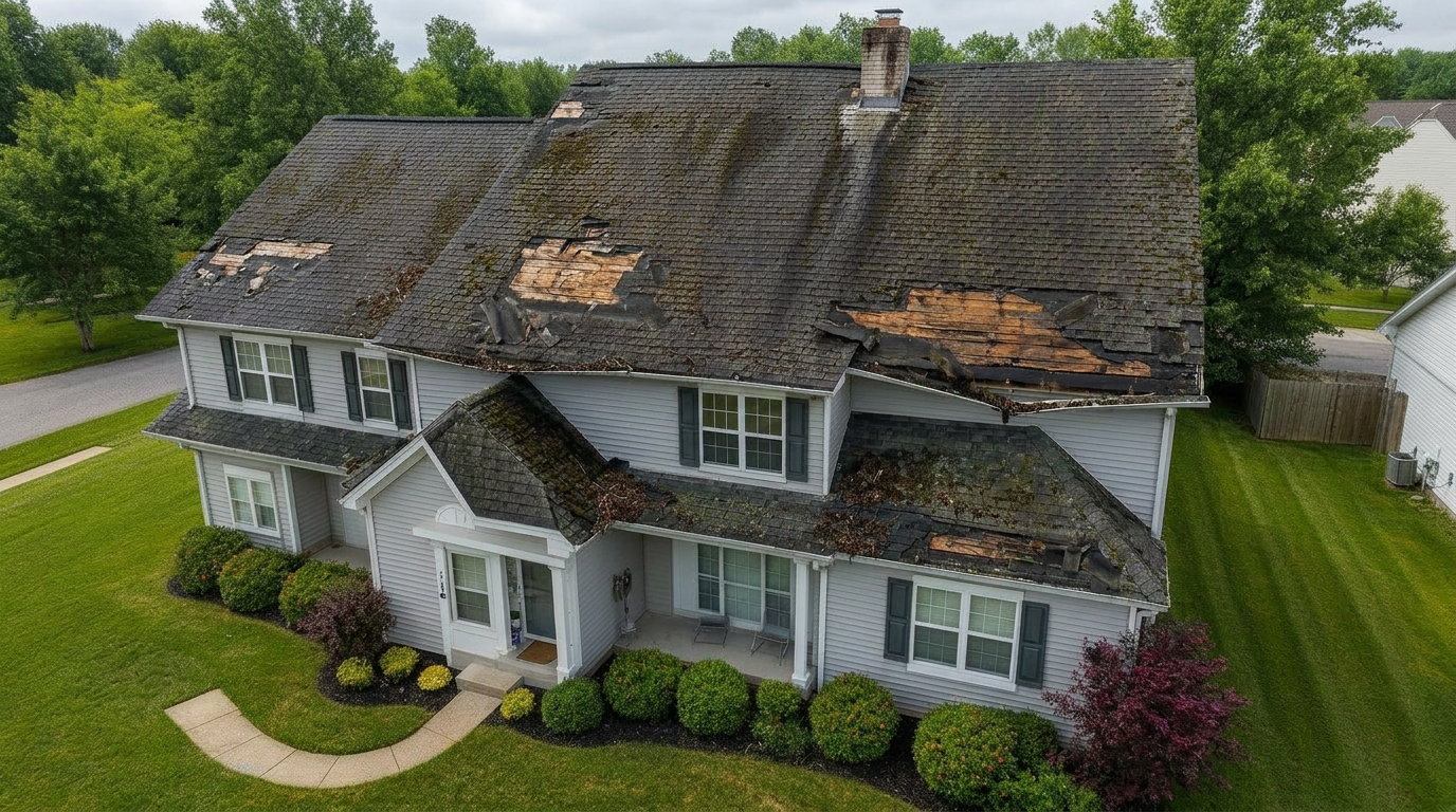 Roof before replacement: damaged shingles